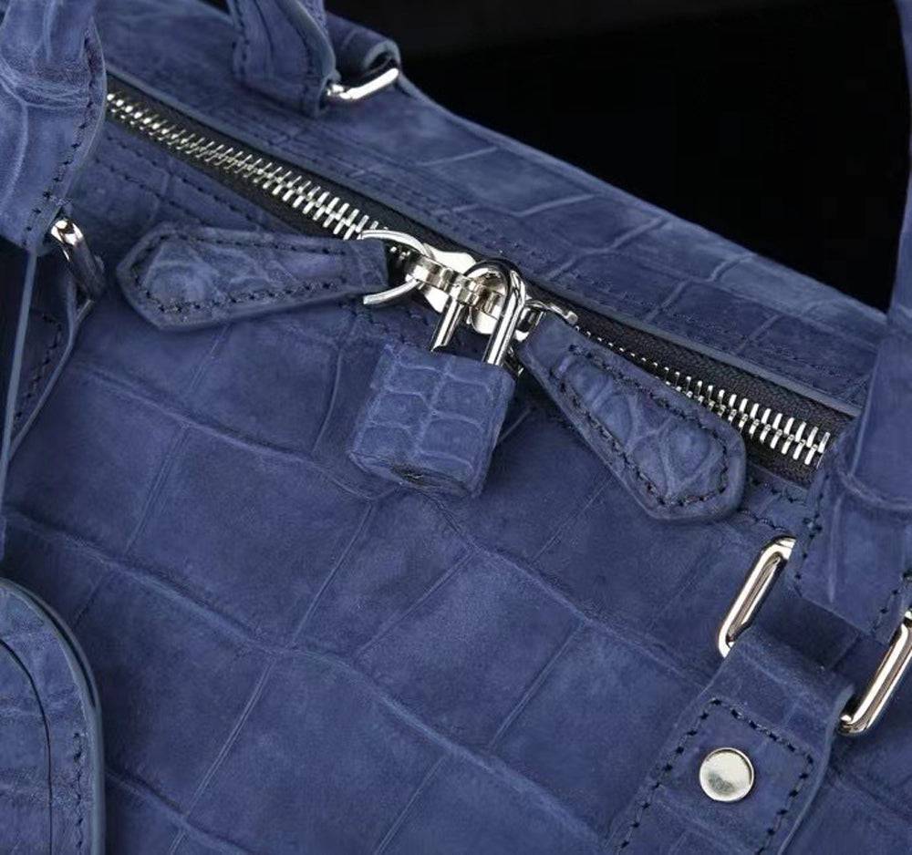 Men's Nubuck Crocodile Leather Large Travel Duffle Bag Dark Blue