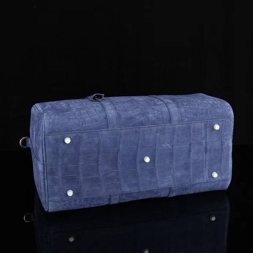 Men's Nubuck Crocodile Leather Large Travel Duffle Bag Dark Blue