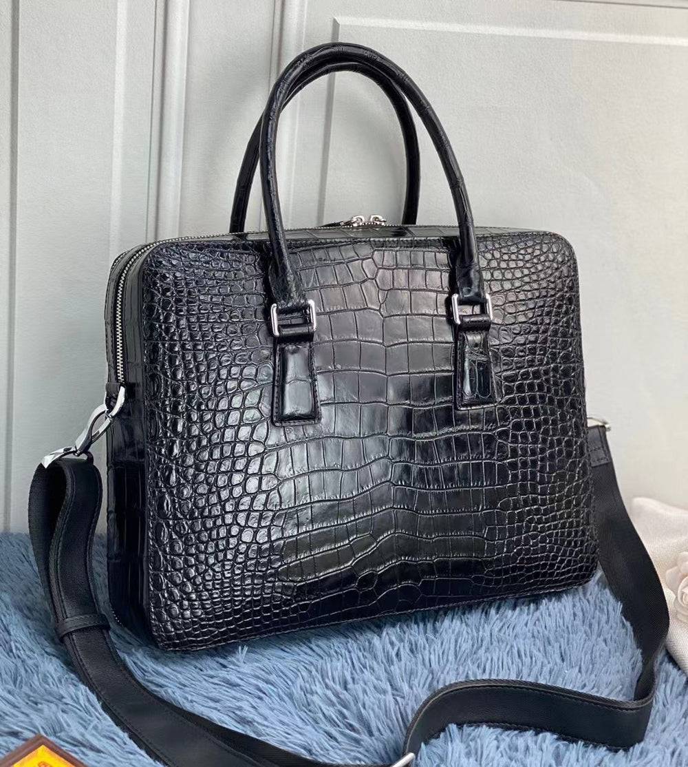 Genuine Crocodile Leather Laptop Briefcase Black Large Volumn