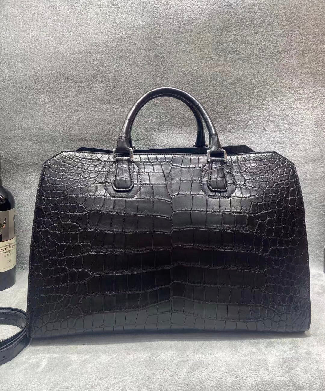 Crocodile Skin Leather Travel Duffle Bag Matt Black & Dark Blue
