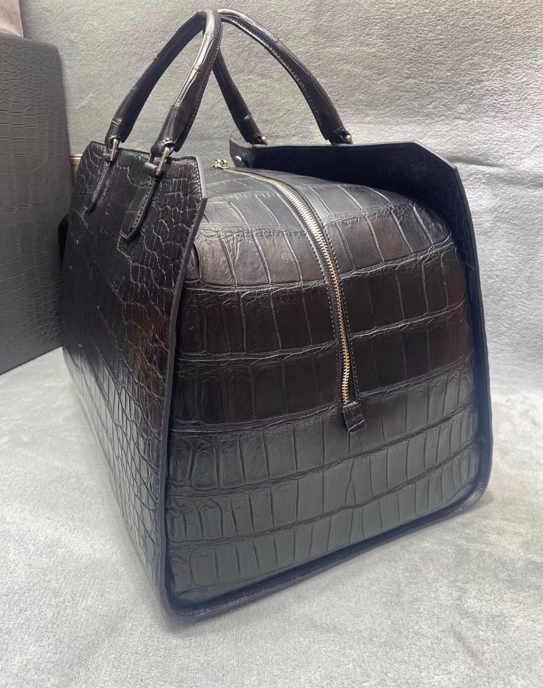 Crocodile Skin Leather Travel Duffle Bag Matt Black & Dark Blue