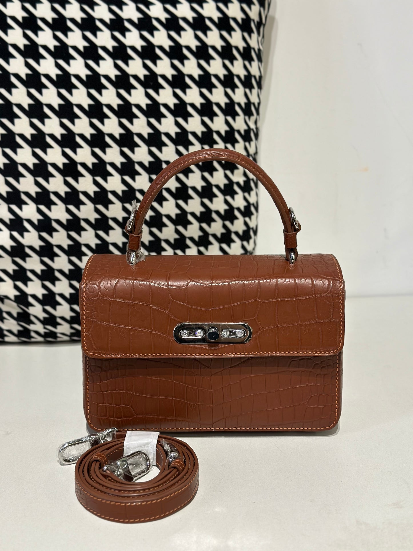 Crocodile Leather Top Handle Cross Body Bag Tan