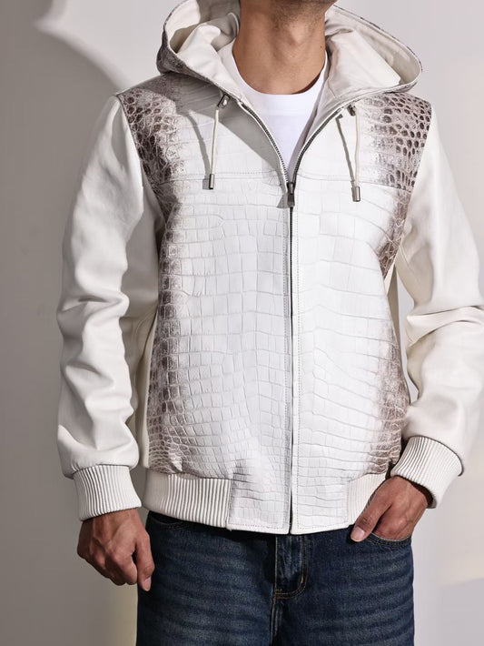 Men's Premium Himalayan Crocodile Skin Leather Hoodie Jacket ,  Genuine Lambskin Leather Hoodie Himalayan