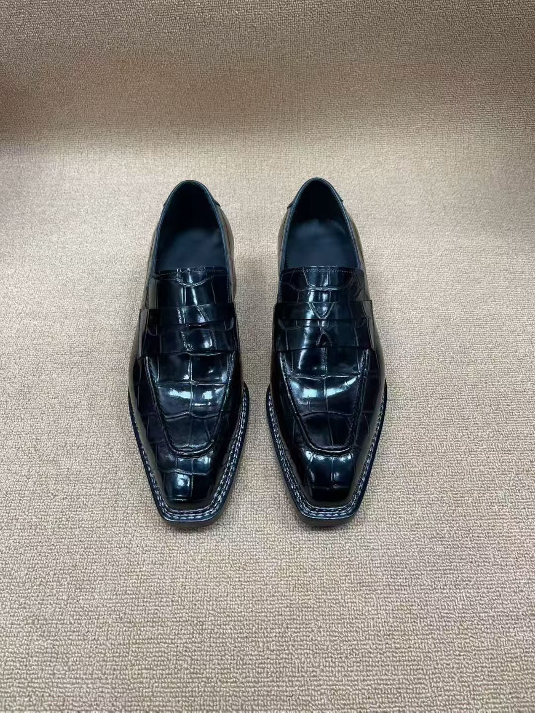 Crocodile Shoes Black Crocodile Leather Norwegian Sewn Dress Loafer Shoes