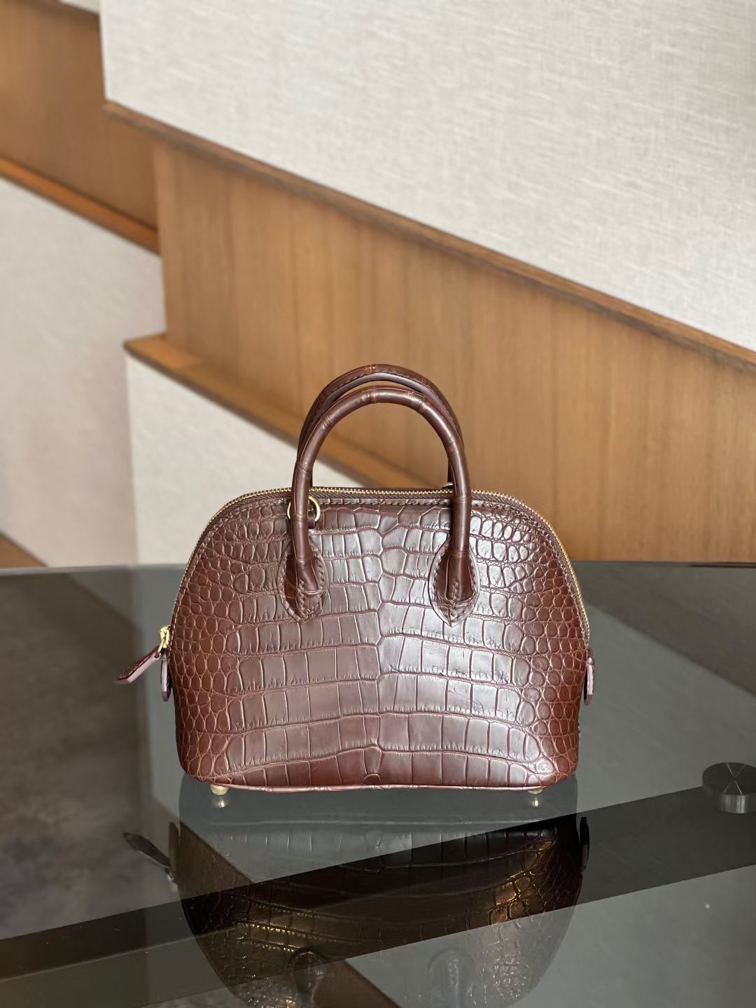 Womens Genuine Crocodile Skin Leather Cross Body Handle Bag Mini Brown