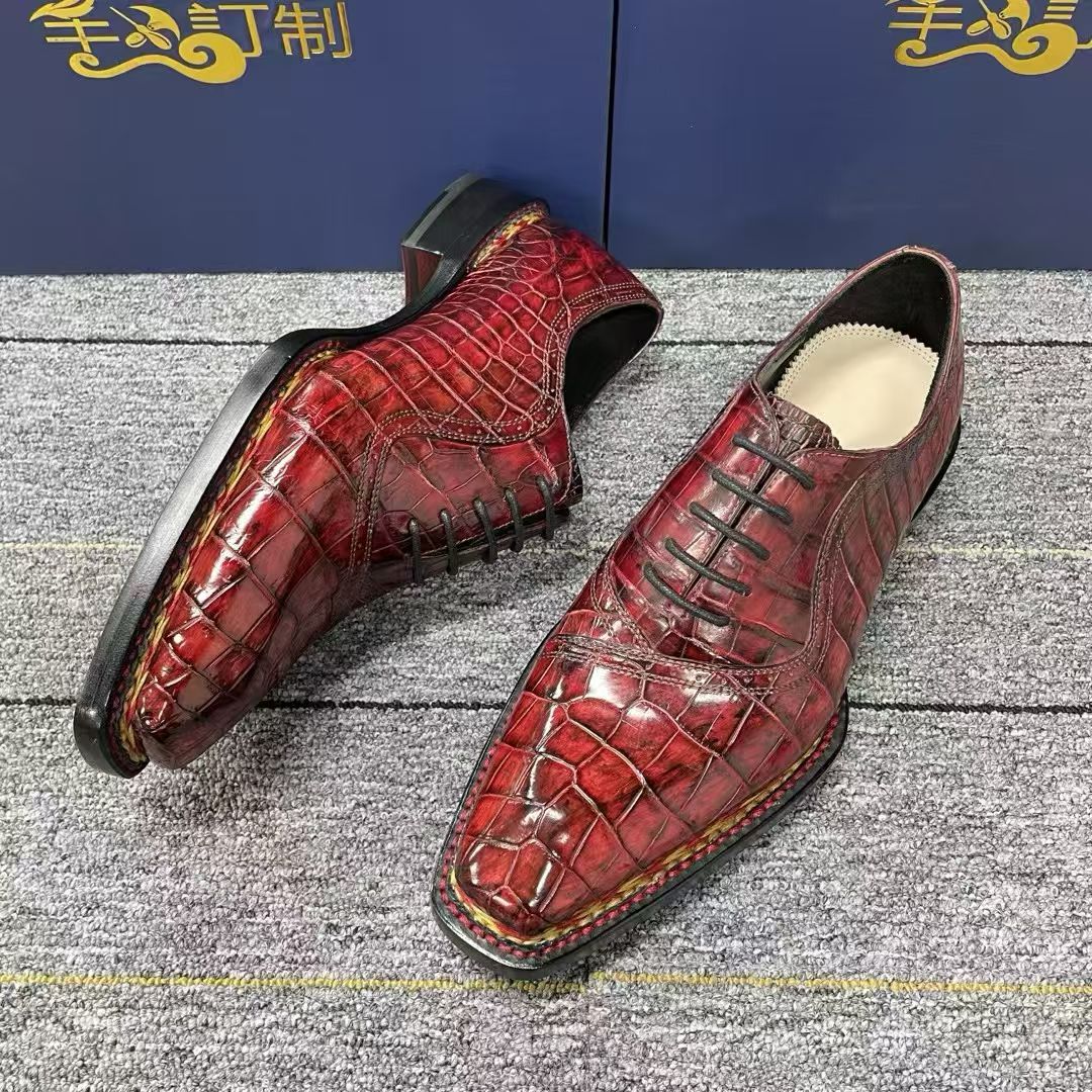 Crocodile Shoes, Men's Vintage Wine Red Norwegian Lace-Up Business Shoes