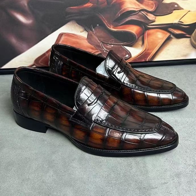 Crocodile Leather Loafer Shoes Vintage Brown