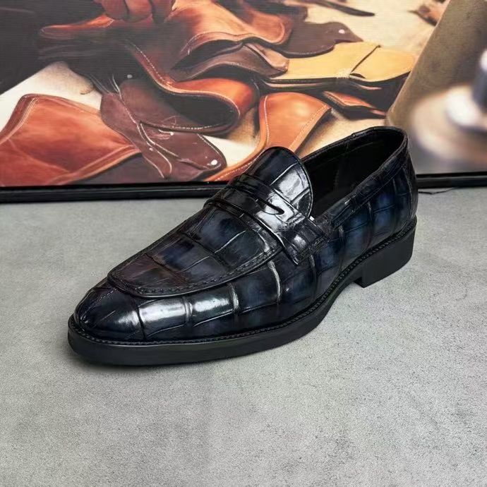 Crocodile Leather Loafer Shoes Vintage Dark Grey