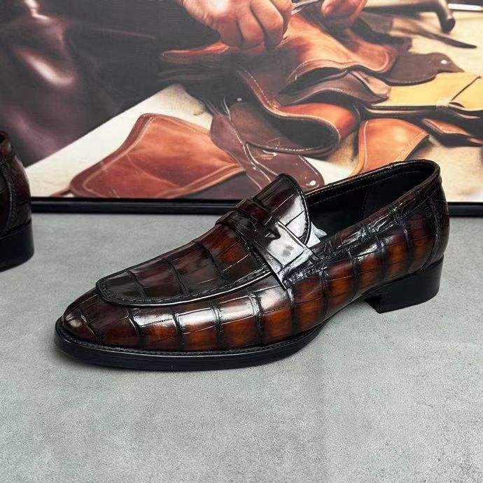 Crocodile Leather Loafer Shoes Vintage Brown