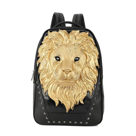 3D Leather Backpack 3D Lion Head Modeling outdoor Backpack Travel Computer Bags Small