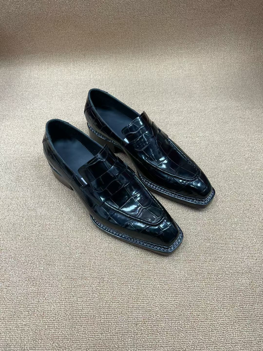 Crocodile Shoes Black Crocodile Leather Norwegian Sewn Dress Loafer Shoes