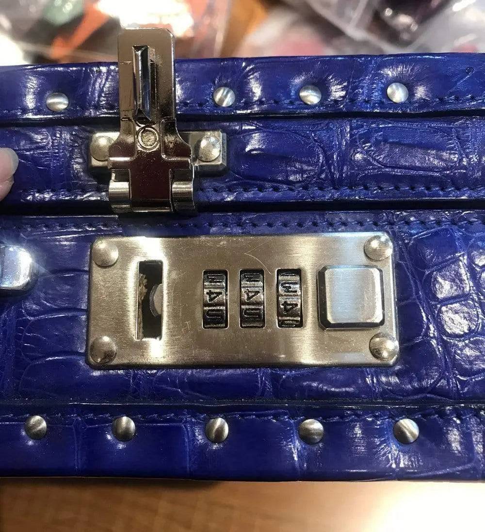 Men's black crocodile bone leather attache travel case by Rossie Viren, large professional business handbag with sturdy handles.