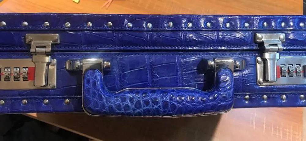 Men's crocodile bone leather large black business attache travel case by Rossie Viren with sturdy handles and polished metal accents.
