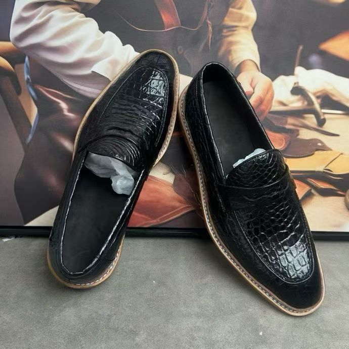 Crocodile Shoes, Men's Crocodile Leather Slip-On Loafer Shoes Black