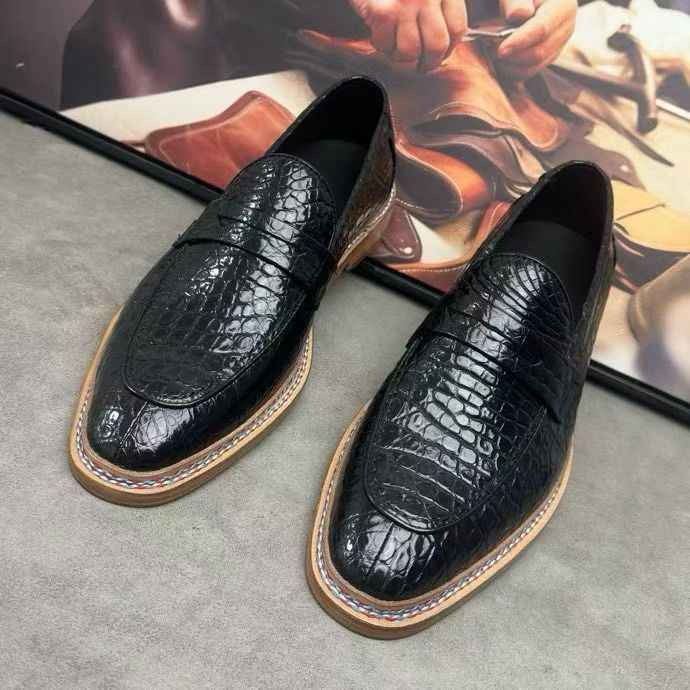 Crocodile Shoes, Men's Crocodile Leather Slip-On Loafer Shoes Black