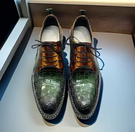 Crocodile Shoes, Men's Vintage Green/ Tan Contrast Norwegian Sewn Lace Up Shoes