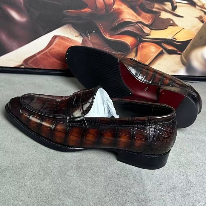 Crocodile Leather Loafer Shoes Vintage Brown