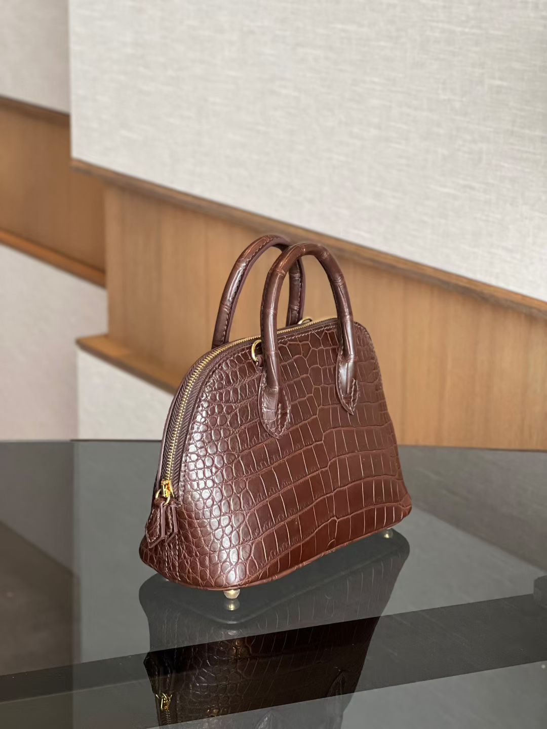 Womens Genuine Crocodile Skin Leather Cross Body Handle Bag Mini Brown