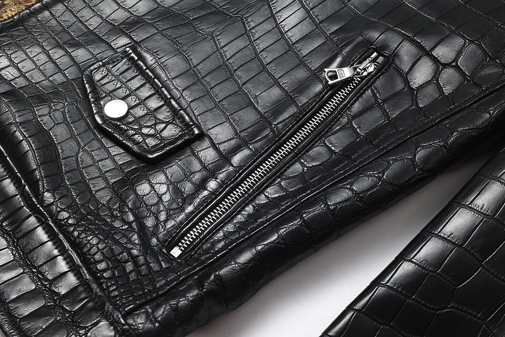 Womens Crocodile Leather BIiker Perfecto Jacket Black