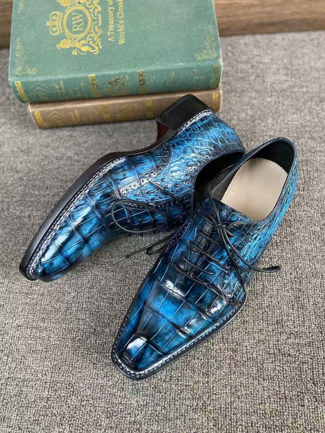 Crocodile Shoes, Men's Vintage Blue Norwegian Sewn Lace Up Shoes