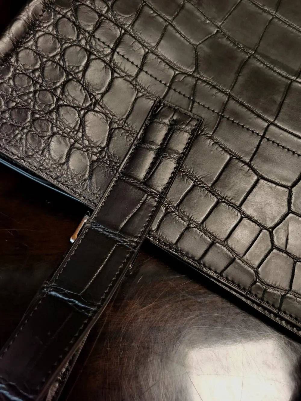 Preorder Unisex  Black Crocodile Leather Large Shopper Tote  Bag