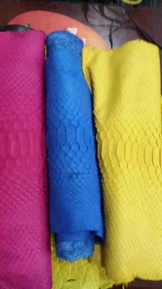 Exotic skin leather Python skin in vibrant colorway, showcasing textured pattern on apparel or accessories by Rossieviren.