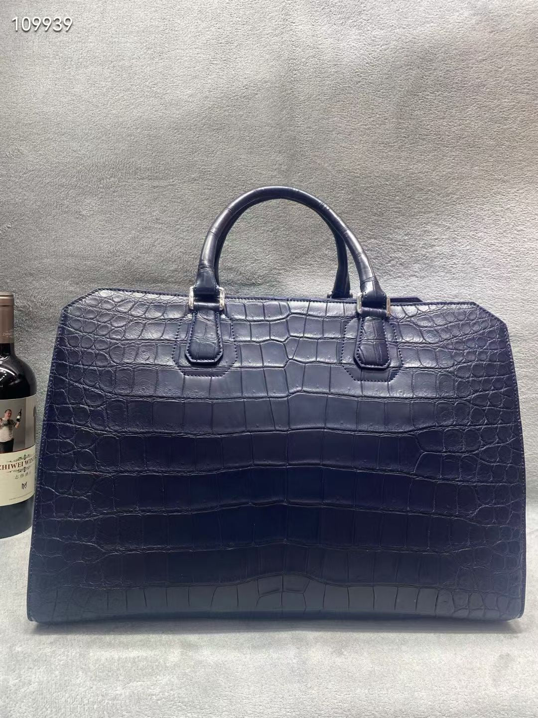 Crocodile Skin Leather Travel Duffle Bag Matt Black & Dark Blue