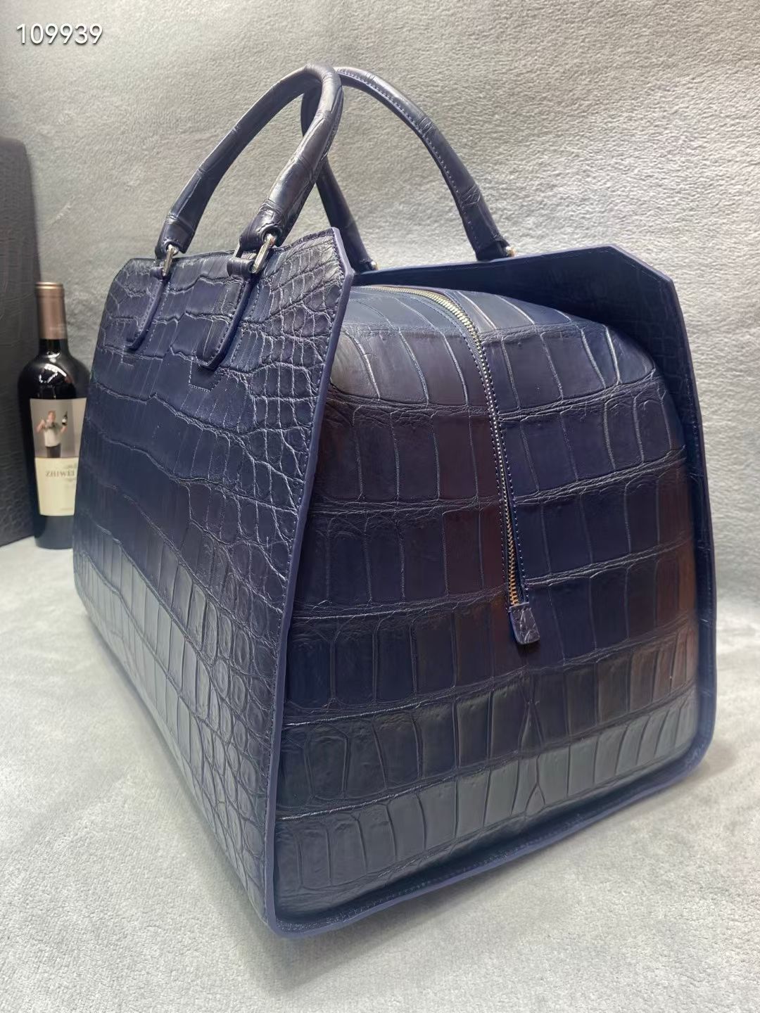 Crocodile Skin Leather Travel Duffle Bag Matt Black & Dark Blue