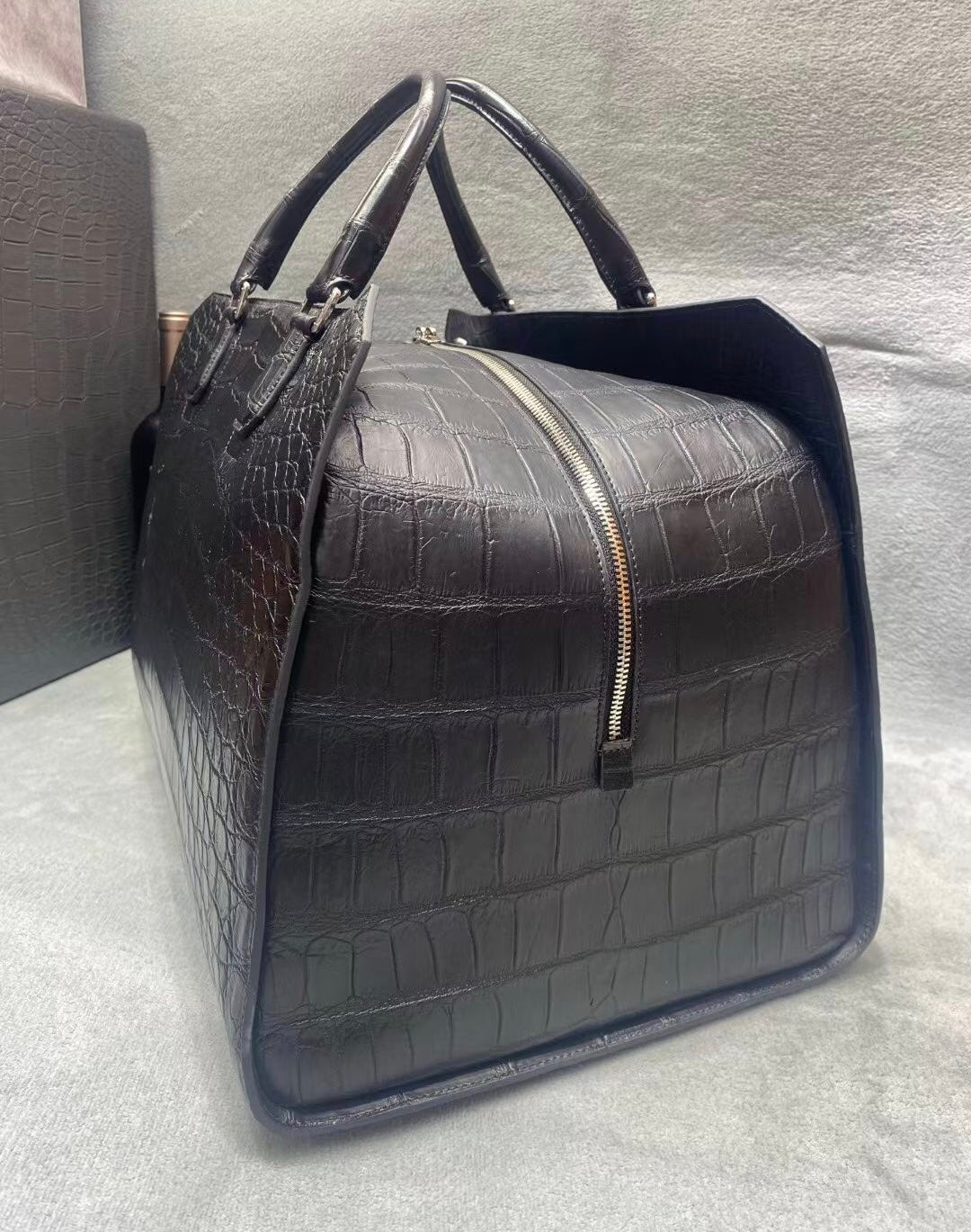 Crocodile Skin Leather Travel Duffle Bag Matt Black & Dark Blue