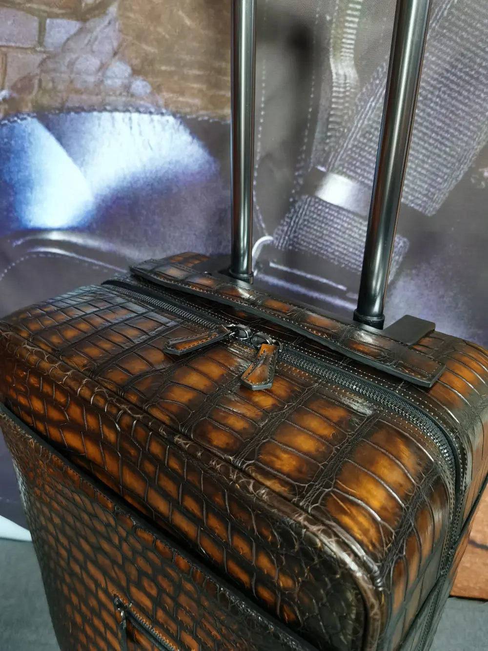 Retro Brown Crocodile Leather Trolley/Roll Aboard Suitcase Weekend/Travel Bag Trolley Case Universal Wheels 20-Inch