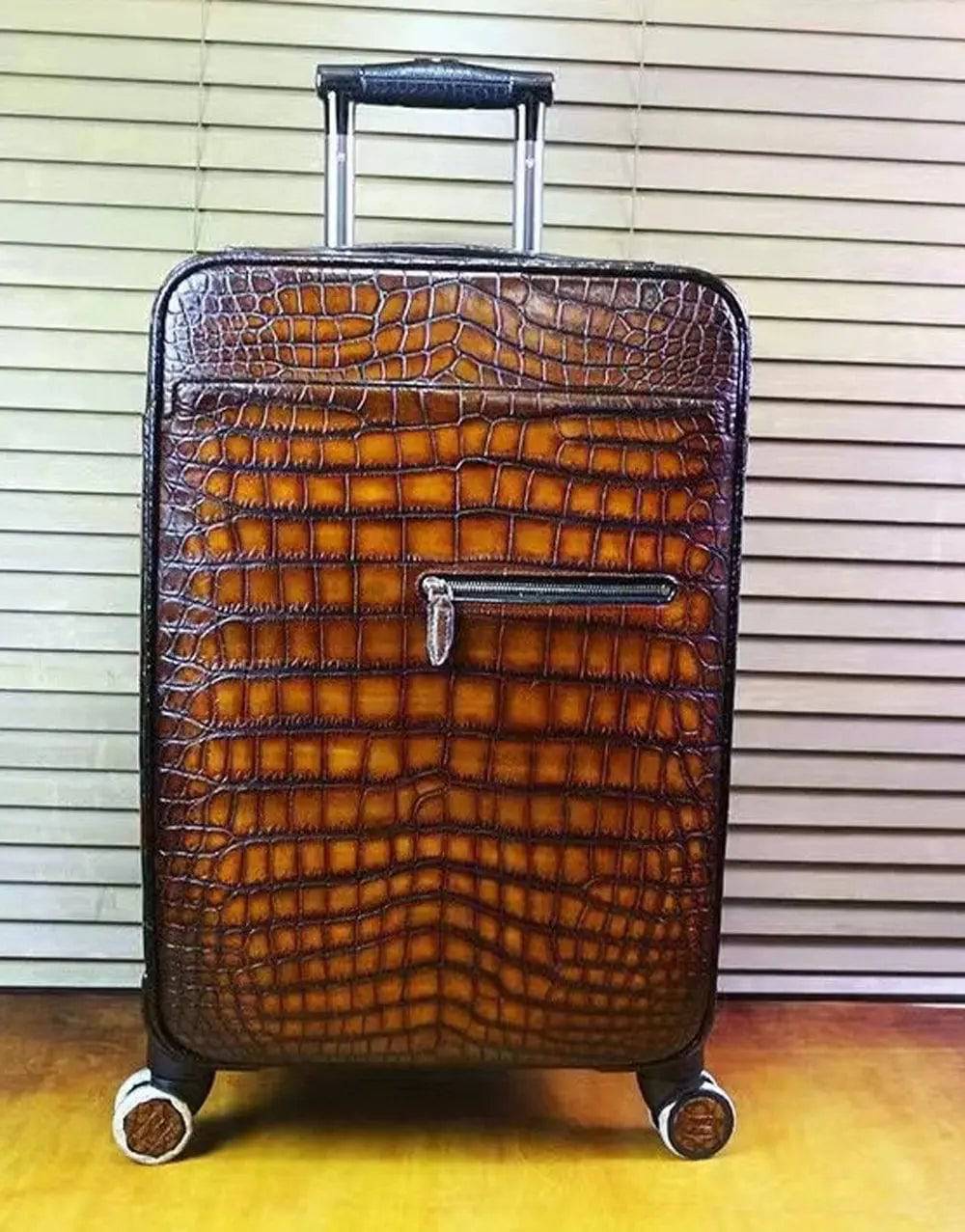 Retro Brown Crocodile Leather Trolley/Roll Aboard Suitcase Weekend/Travel Bag Trolley Case Universal Wheels 20-Inch