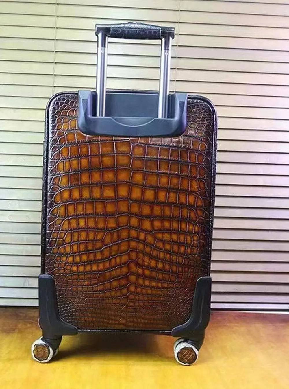 Retro Brown Crocodile Leather Trolley/Roll Aboard Suitcase Weekend/Travel Bag Trolley Case Universal Wheels 20-Inch