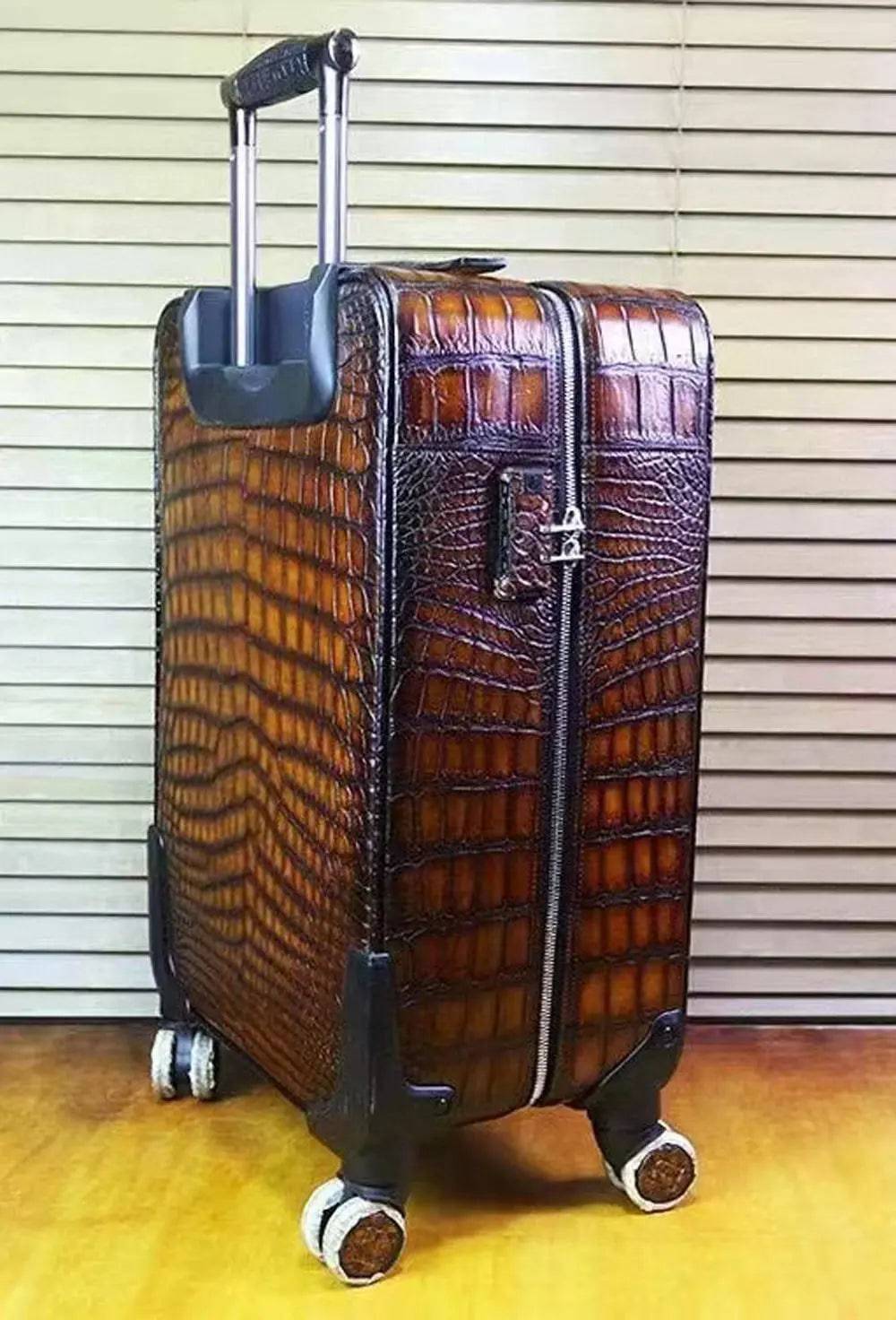 Retro Brown Crocodile Leather Trolley/Roll Aboard Suitcase Weekend/Travel Bag Trolley Case Universal Wheels 20-Inch