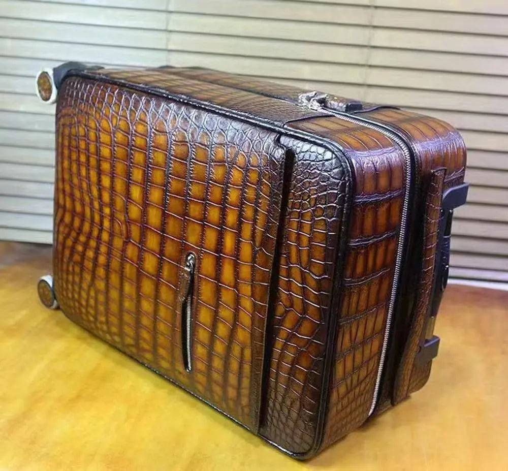 Retro Brown Crocodile Leather Trolley/Roll Aboard Suitcase Weekend/Travel Bag Trolley Case Universal Wheels 20-Inch