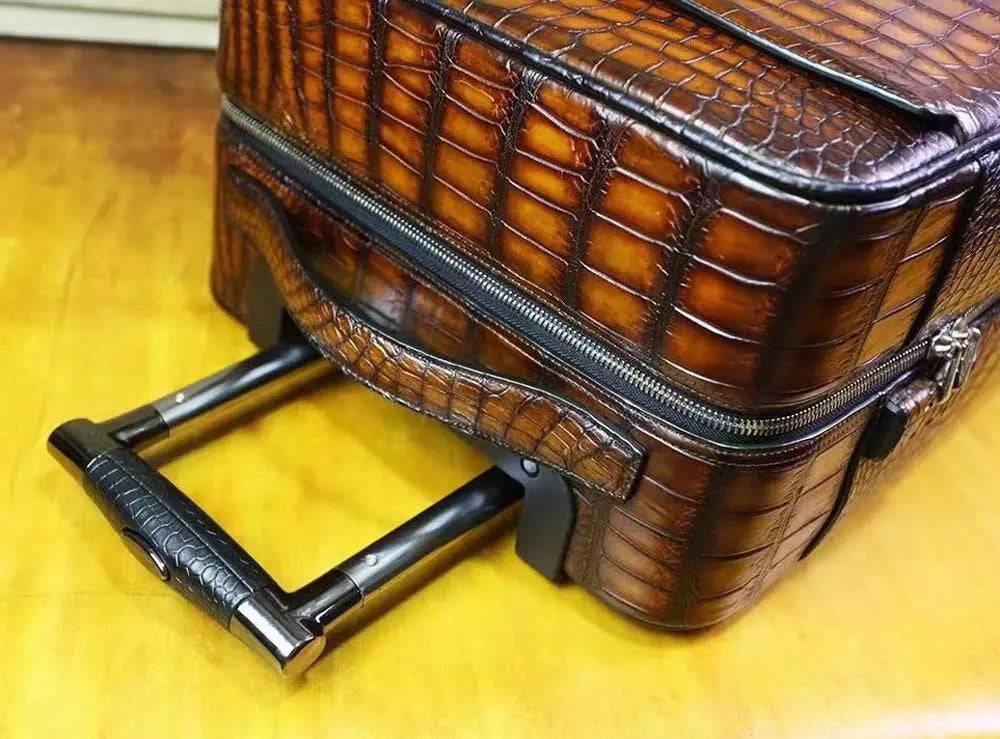 Retro Brown Crocodile Leather Trolley/Roll Aboard Suitcase Weekend/Travel Bag Trolley Case Universal Wheels 20-Inch