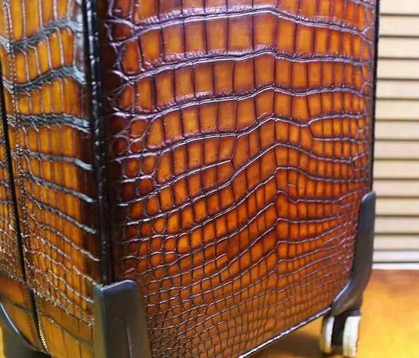 Retro Brown Crocodile Leather Trolley/Roll Aboard Suitcase Weekend/Travel Bag Trolley Case Universal Wheels 20-Inch