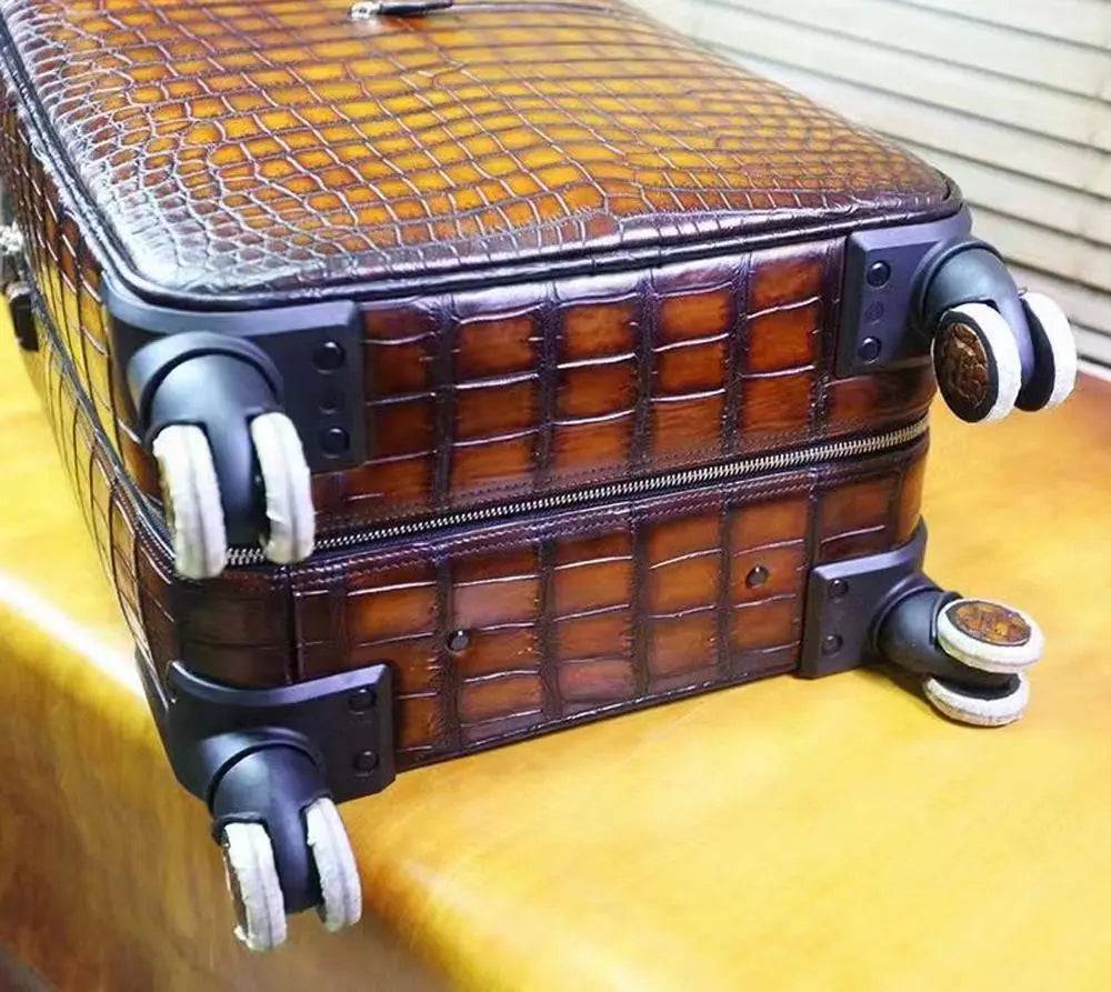Retro Brown Crocodile Leather Trolley/Roll Aboard Suitcase Weekend/Travel Bag Trolley Case Universal Wheels 20-Inch