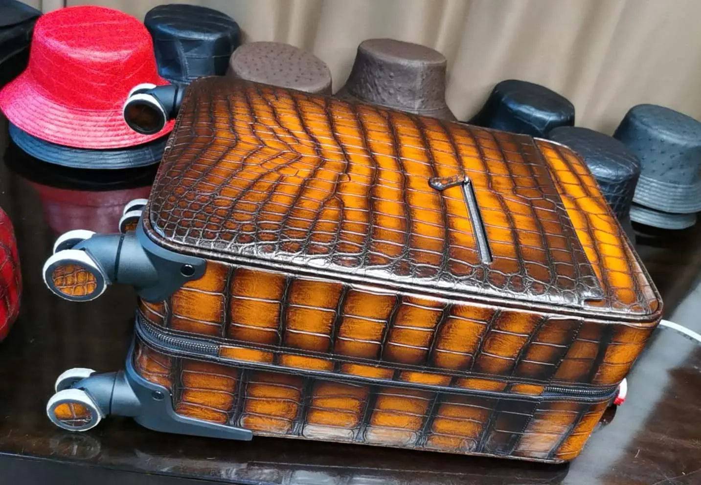 Rossie Viren retro brown crocodile leather 20-inch trolley suitcase with universal wheels, suitable for weekend travel and carry-on use.