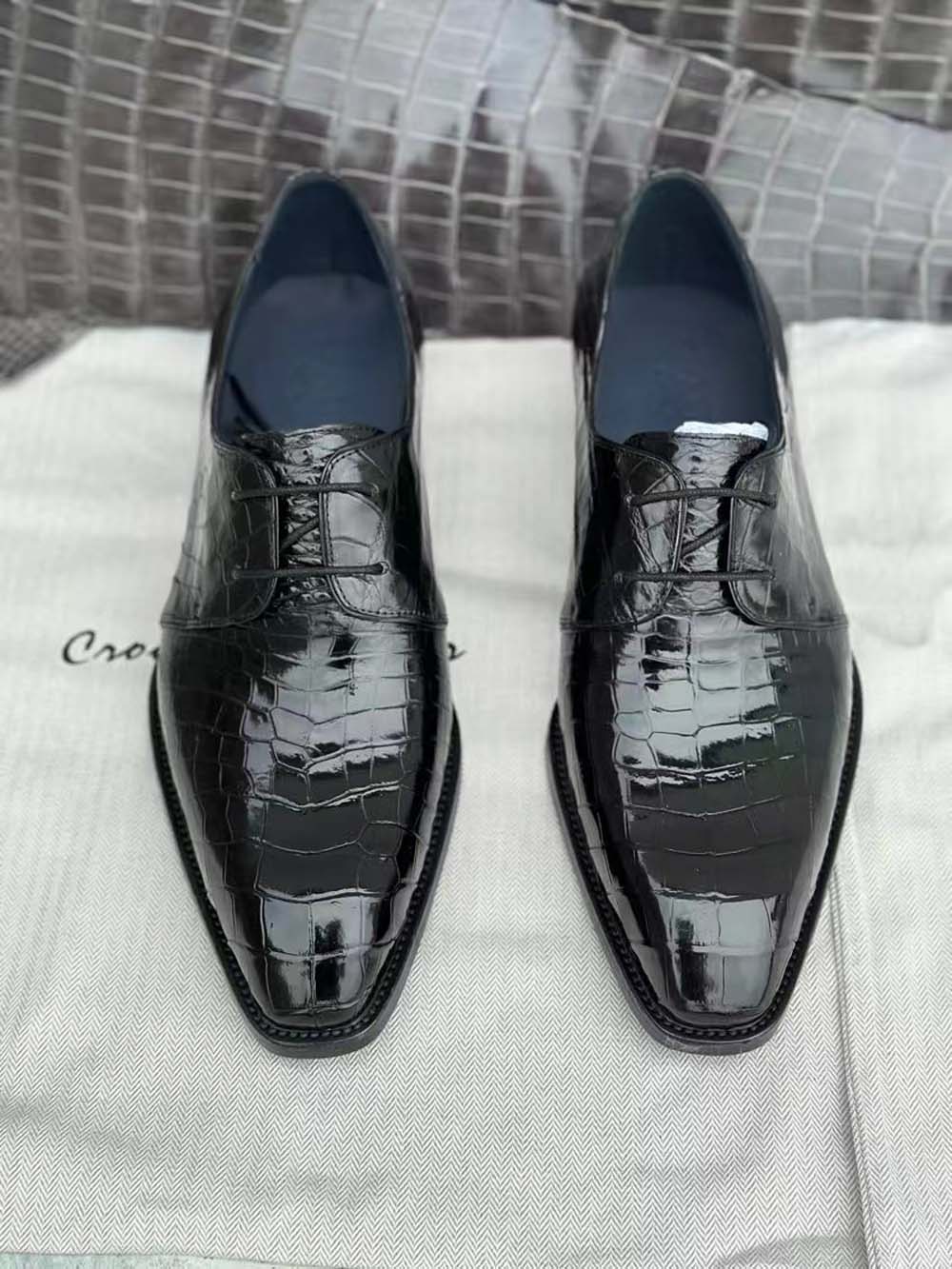 Crocodile Shoes Mens Crocodile Leather Business Lace Up Dress Shoes Black