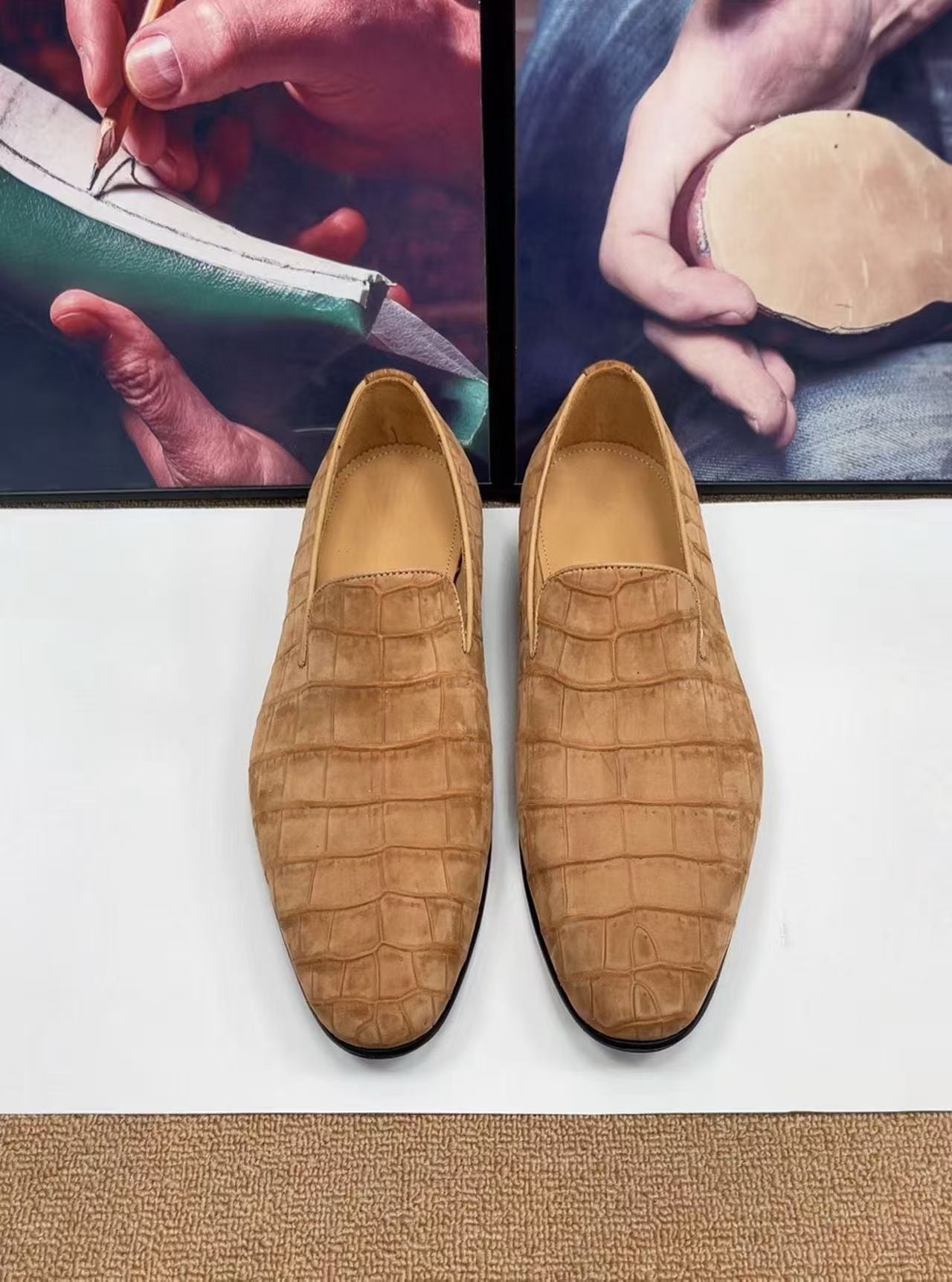 Crocodile Shoes, Men's Nubuck Crocodile Leather Slip-On Loafer Shoes Camel