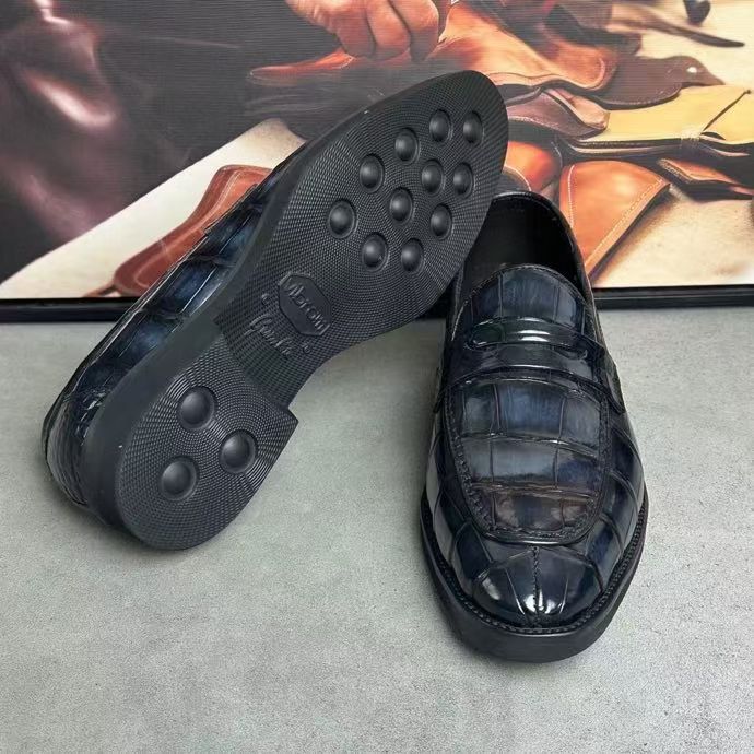 Crocodile Leather Loafer Shoes Vintage Dark Grey
