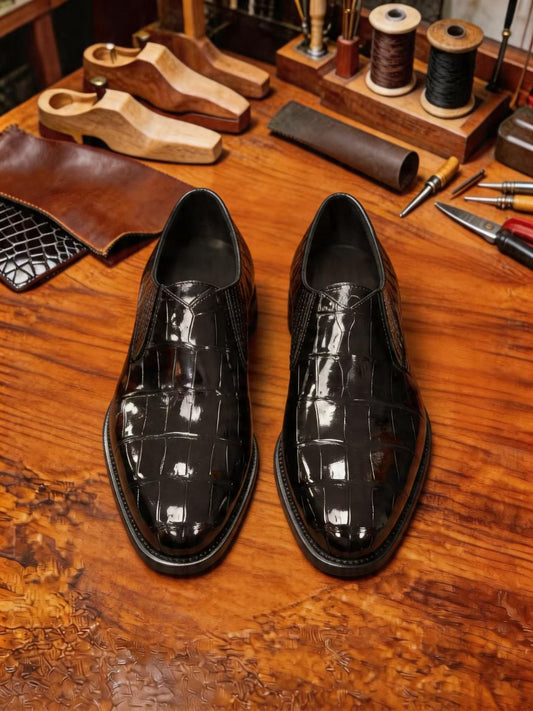 Crocodile Shoes Men's Crocodile Leather Loafer Dress Shoes Black