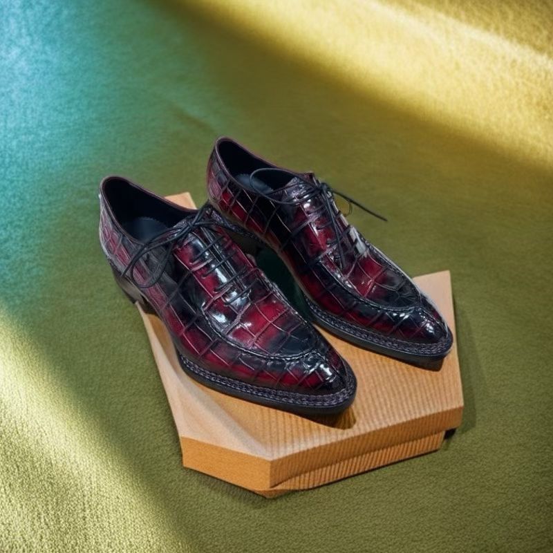 Crocodile Shoes Crocodile Leather Norwegian Sewn Lace Up Dress Shoes Vintage Wine Red