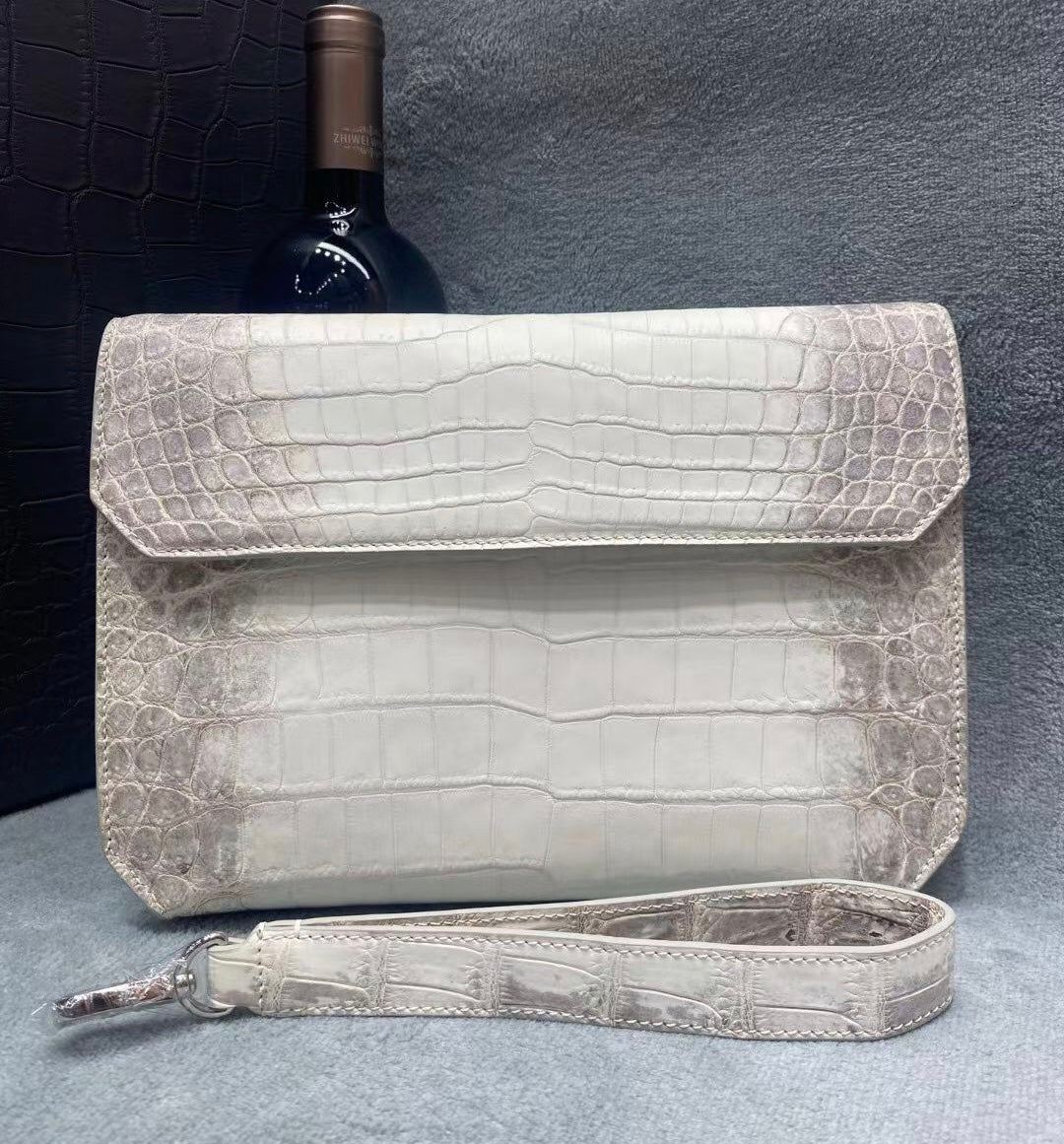 Genuine Crocodile Skin Leather Clutch Handle Bag Himalaya White