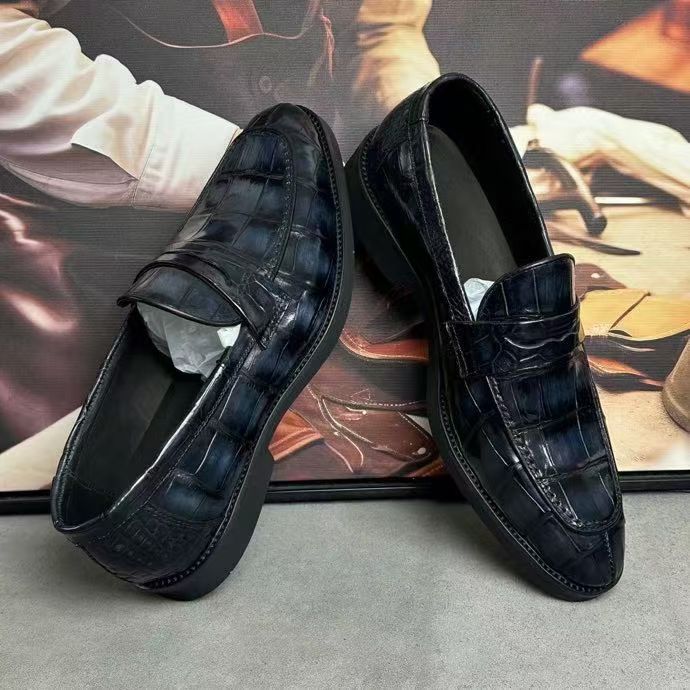 Crocodile Leather Loafer Shoes Vintage Dark Grey