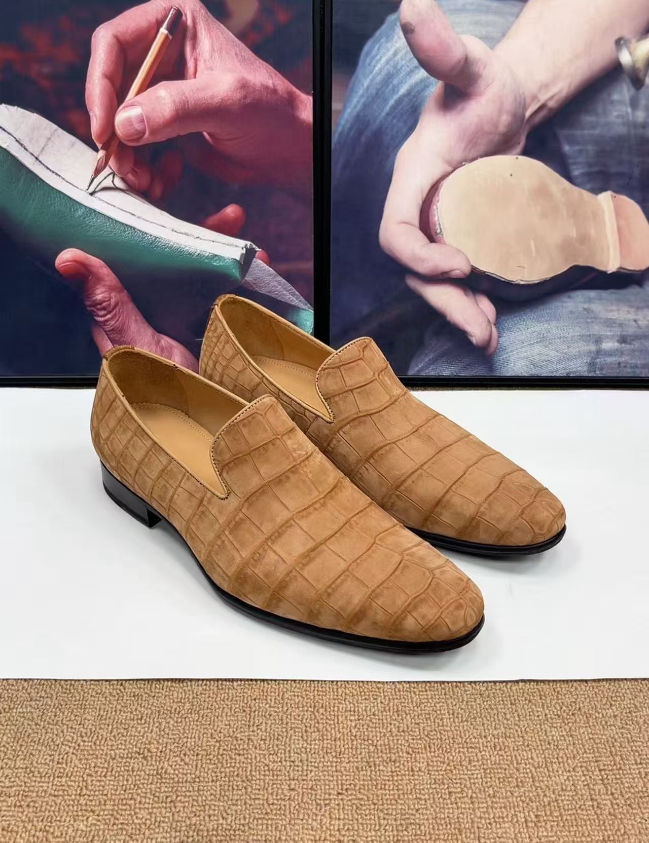 Crocodile Shoes, Men's Nubuck Crocodile Leather Slip-On Loafer Shoes Camel