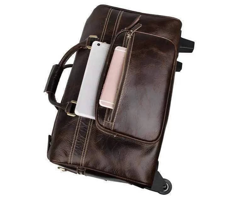 Vintage Brown Leather Wheeled Luggage Trolley Bags