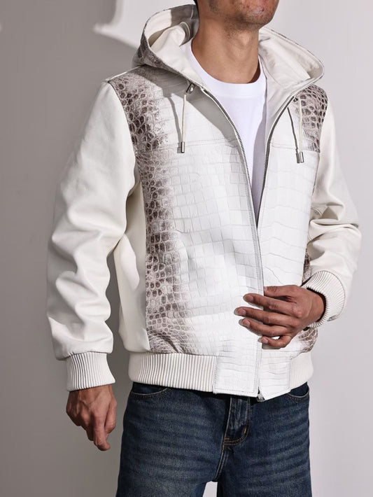 Men's Premium Himalayan Crocodile Skin Leather Hoodie Jacket ,  Genuine Lambskin Leather Hoodie Himalayan