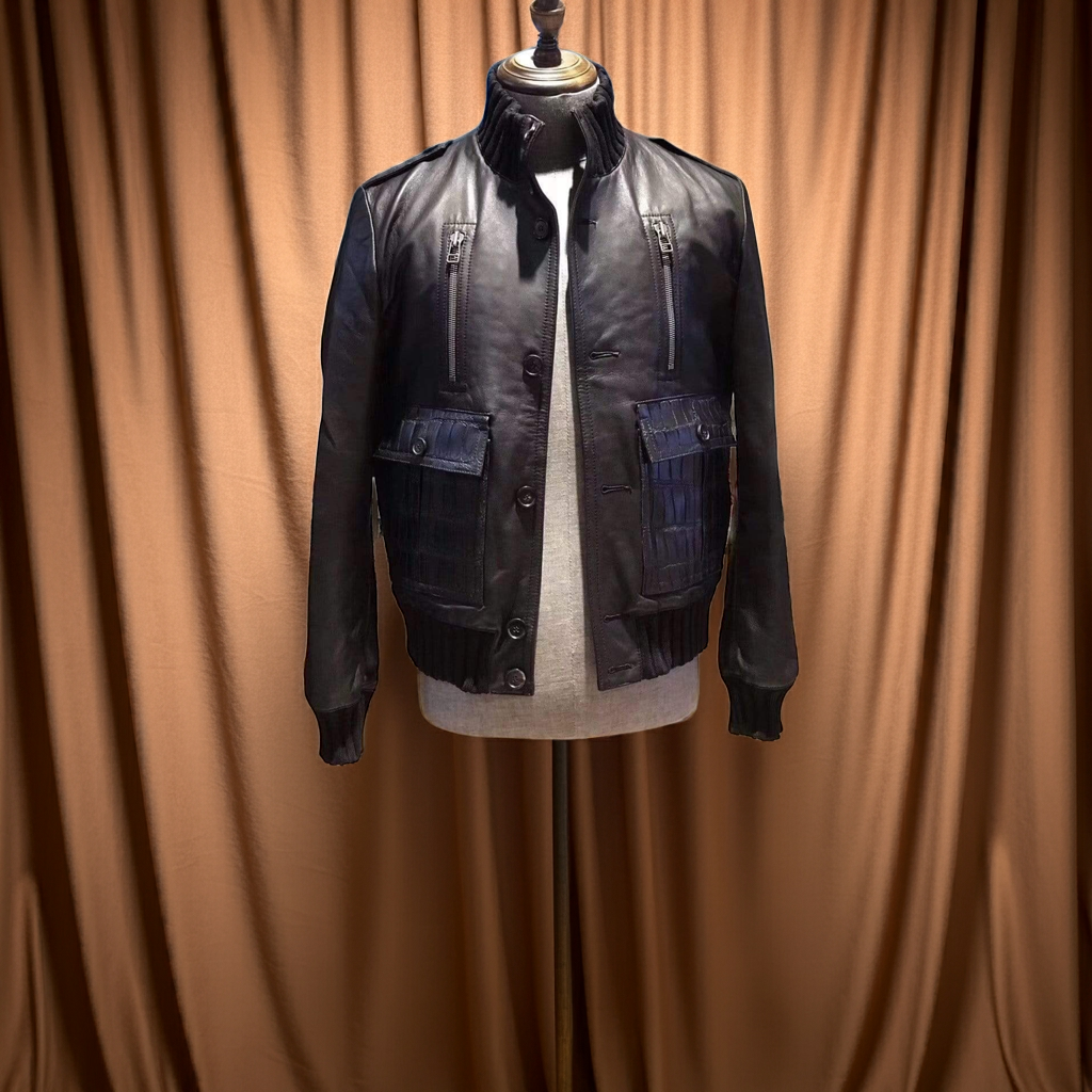 Black Leather Jacket Trimmed With The Classic Ribbed Jersey Cuffs, Collar