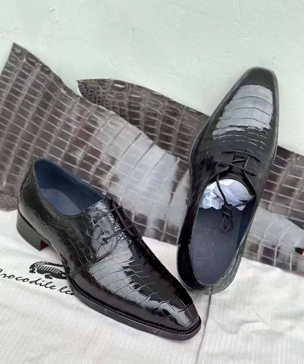 Crocodile Shoes Mens Crocodile Leather Business Lace Up Dress Shoes Black